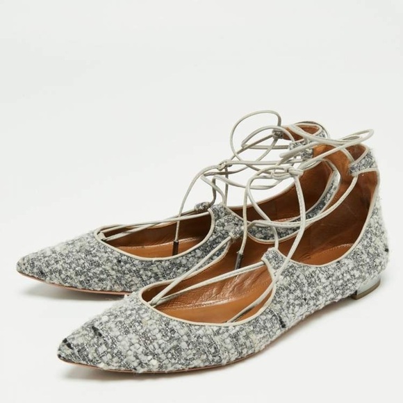 Aquazzura Christy Tweed Lace-up Ballet Flats Size 40.5 Grey/Black Ankle… - Picture 5 of 5